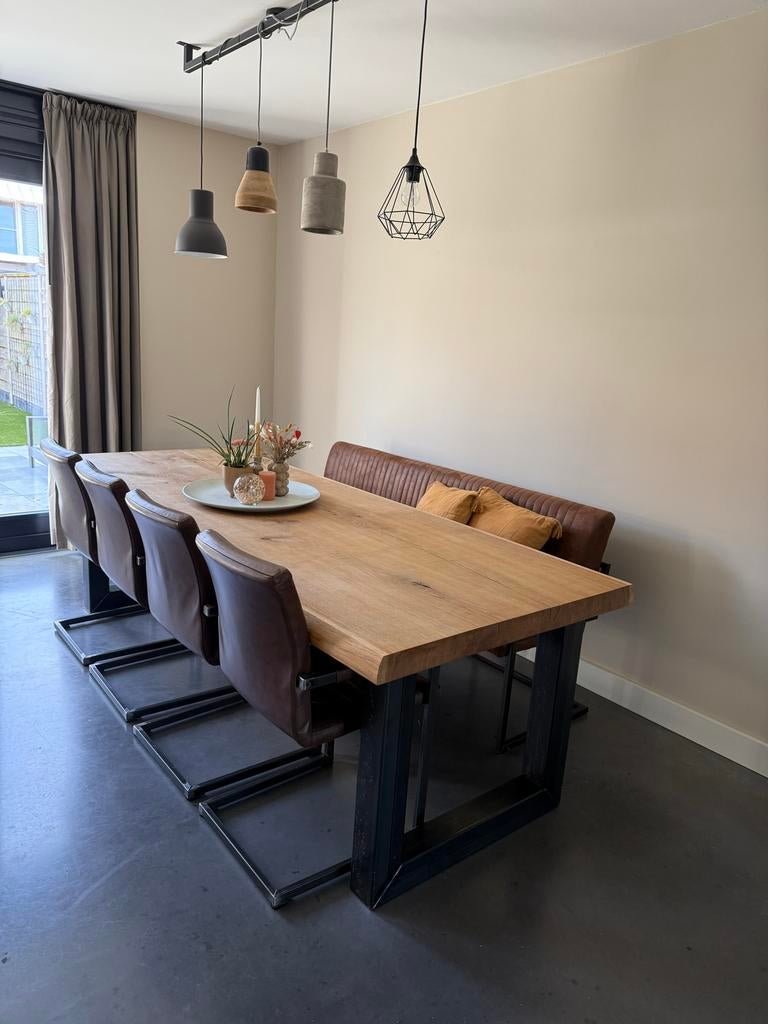 Eikenhouten eettafel met stoelen, eetbank en lamp, Ophalen, 100 tot 150 cm, Eikenhout, 200 cm of meer