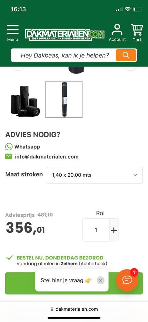 EPDM dakbedekking 20m x 1,40m, Ophalen, Kunststof, Zwart, Overige typen