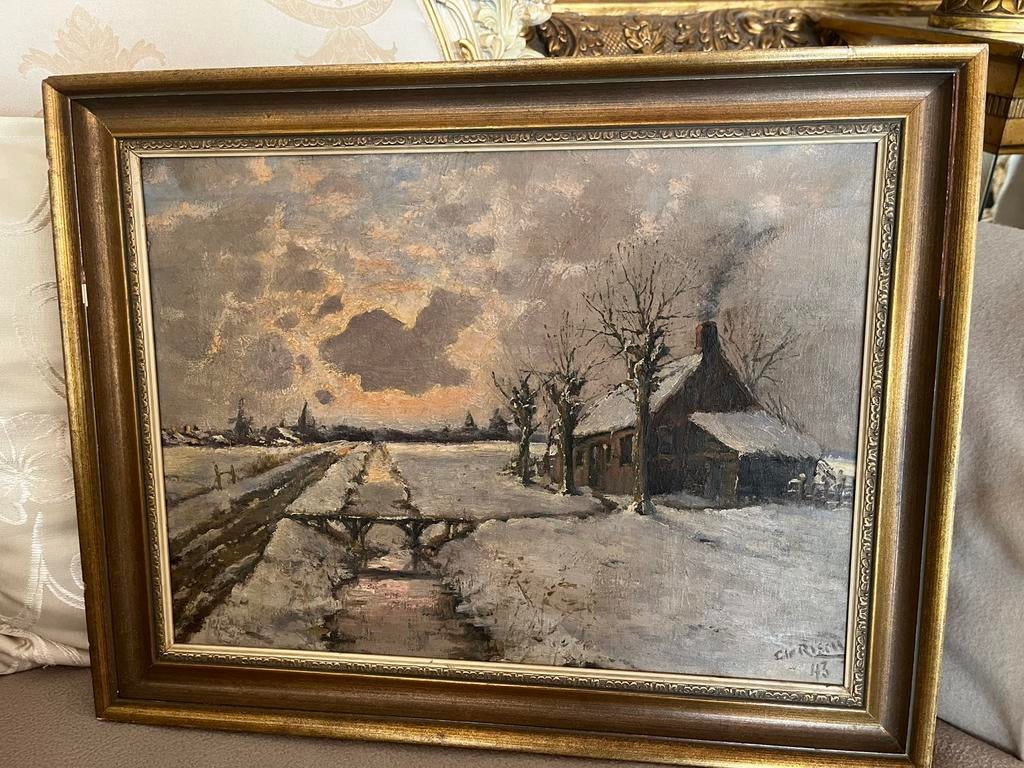 Antiek olieverf winterlandschap schilderij, Ophalen of Verzenden