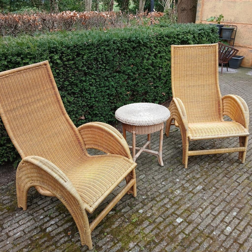 Vintage rotan tuinsetje met 2 stoelen en bijzettafel, 2 zitplaatsen, Gebruikt, Bijzettafel, Rotan