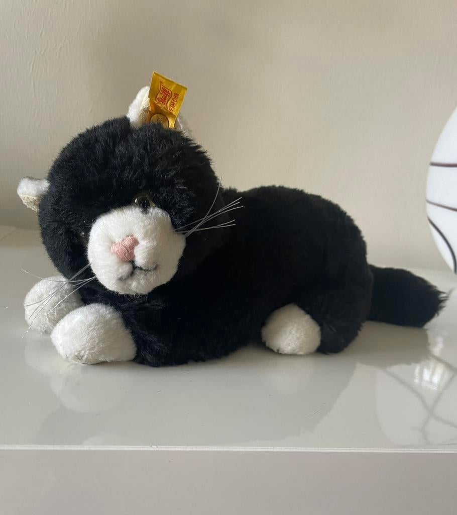 Zwarte kat, Steiff met label in oor., Ophalen of Verzenden, Zo goed als nieuw