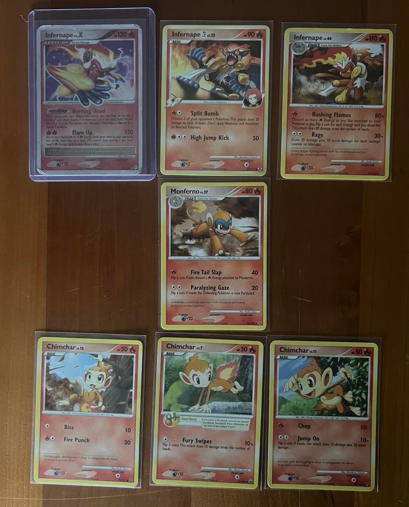 Pokemon Chimchar, Monferno, en Infernape collectie., Ophalen of Verzenden, Zo goed als nieuw, Meerdere kaarten