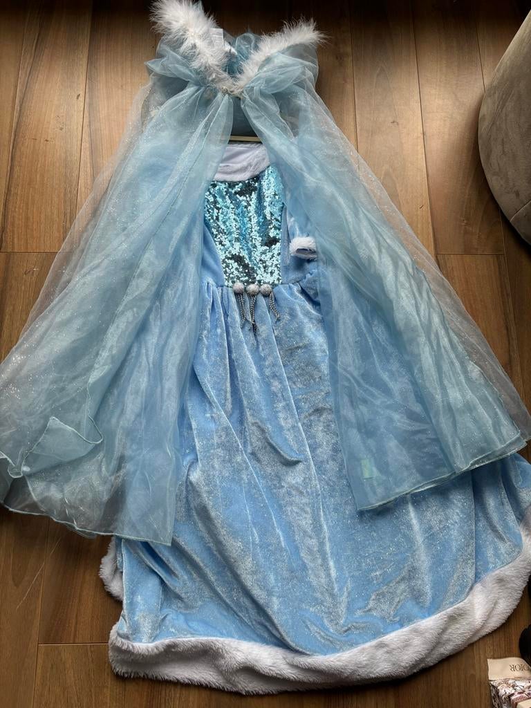 Efteling prinsessenjurk blauw met glitters en cape, Ophalen of Verzenden, Zo goed als nieuw, 110 t/m 116, Meisje