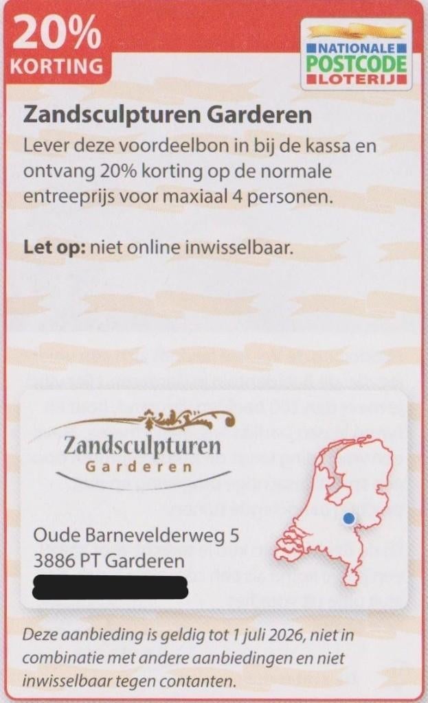 Zandsculpturen Garderen 20% korting. Postcodeloterij bon., Drie personen of meer, Kortingskaart