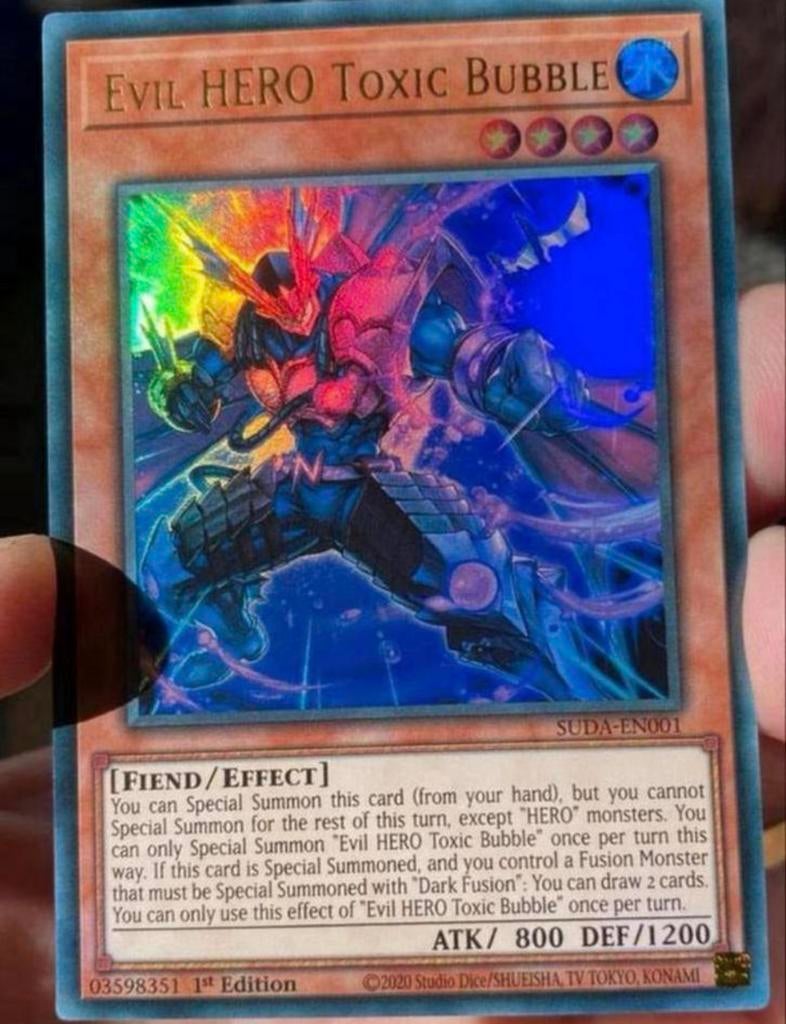 Yu-Gi-Oh! Evil HERO Toxic Bubble SUDA 1st Ed Mint !, Ophalen of Verzenden, Zo goed als nieuw, Losse kaart, Foil