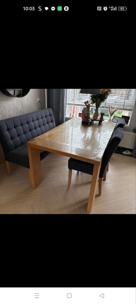 Massieve eiken eettafel met bank en 2 stoelen, Ophalen of Verzenden, Zo goed als nieuw, Modern, Minder dan 4 stoelen
