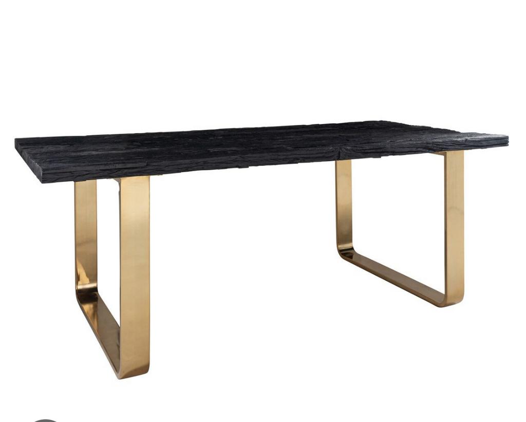 Richmond eettafel 200cm - Zwart blad met gouden poten, Gebruikt, 200 cm of meer, Rechthoekig, Overige houtsoorten