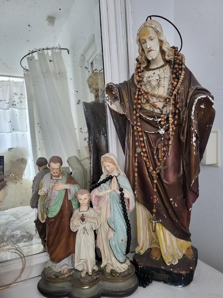 Antieke brocante religieuze beelden: Jezus, Maria en Jozef, Antiek en Kunst, Ophalen of Verzenden