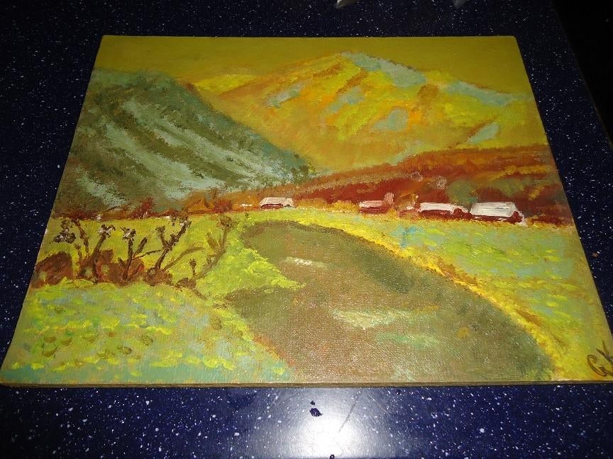 schilderijtje van landschap 30 x 24 hoofdkleur groen, Antiek en Kunst, Kunst | Schilderijen | Klassiek, Ophalen of Verzenden