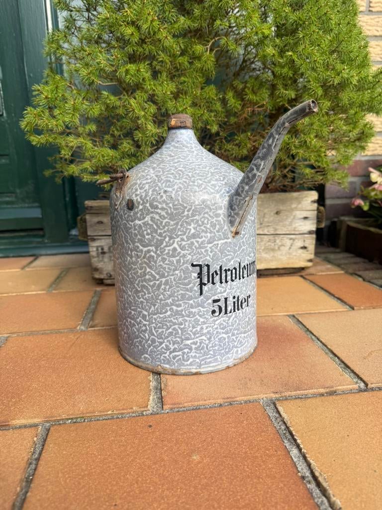 Oud grijs gewolkte emaille petroleum kan petroleumlkan 5L, Ophalen of Verzenden