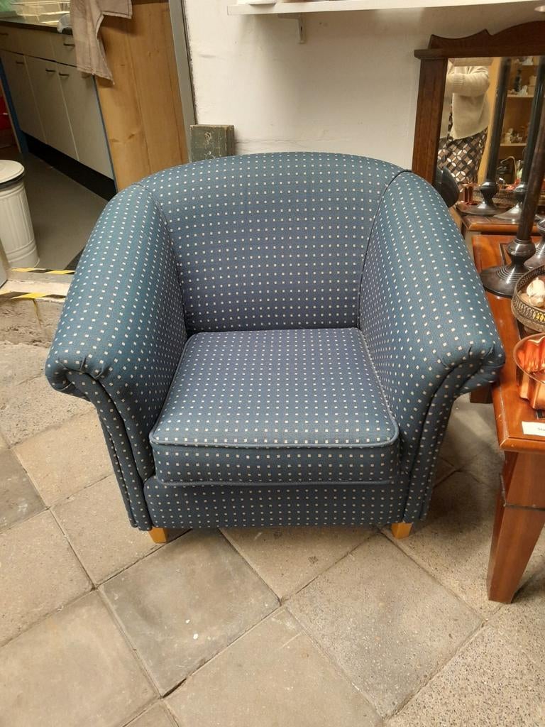 2 z.g.a.n. fauteuils, blauw met okerkleur stip., Ophalen, Zo goed als nieuw, Stof, Twee