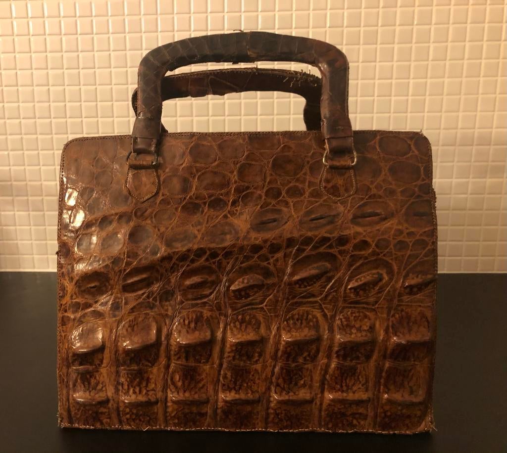 Krokodillenleren vintage handtas, groot model, Ophalen of Verzenden, Gebruikt, Bruin, Handtas