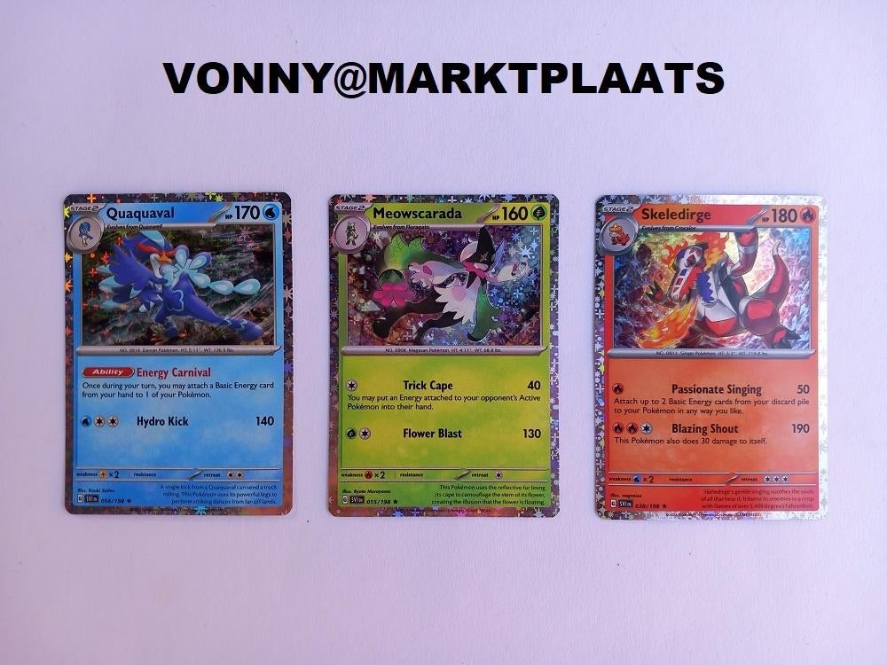 NIEUW! 3 Pokémon kaarten Quaquaval Meowscarada Skeledirge, Ophalen of Verzenden, Nieuw, Meerdere kaarten, Foil