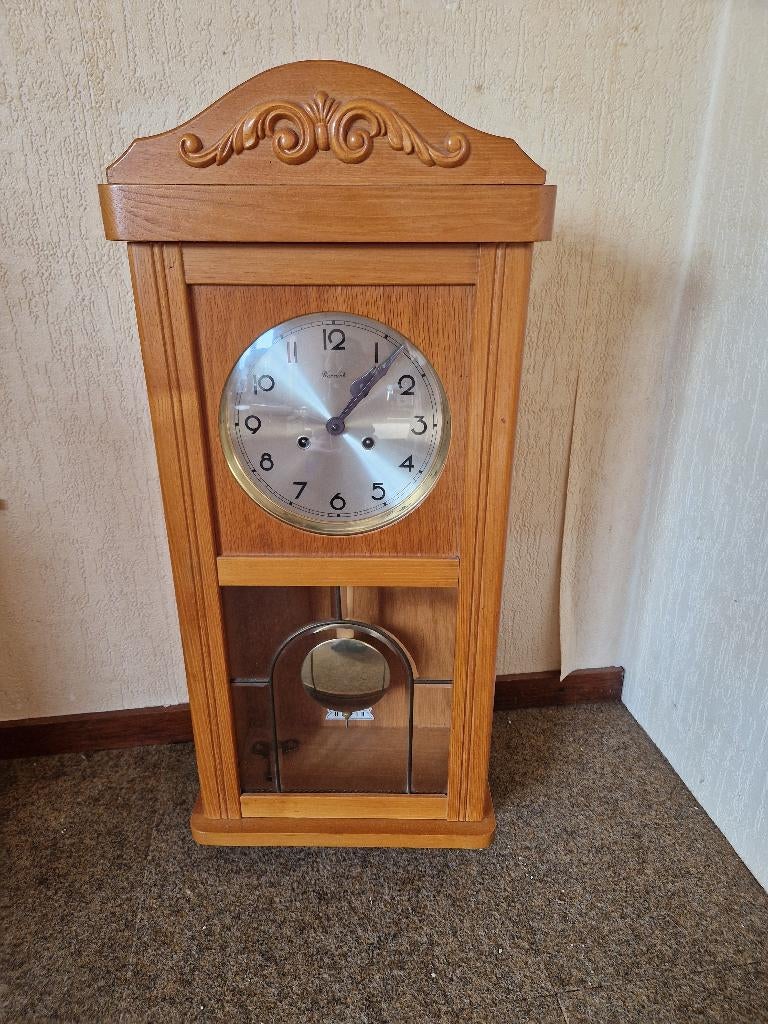 Warmink wandklok, lichteiken, messing, bimbam slagwerk, glas, Ophalen of Verzenden