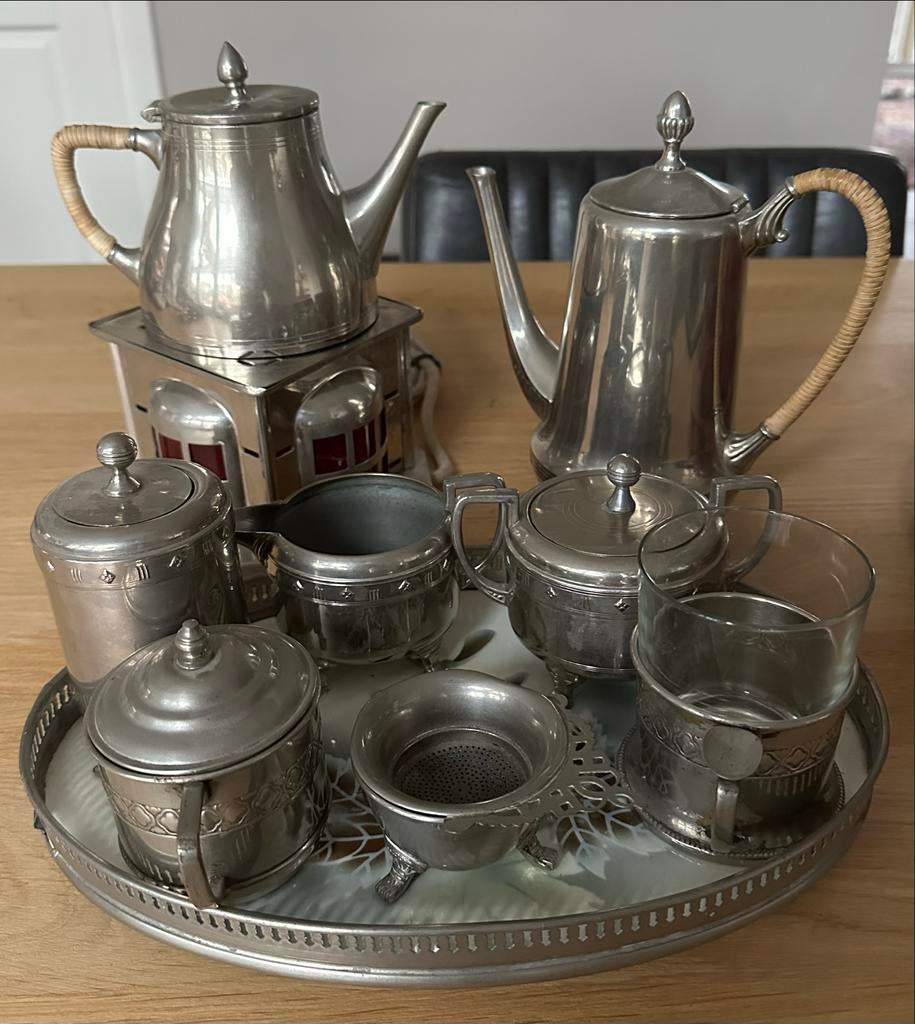 Verzilverd theeservies met warmhoudplaat, jaren 50, Ophalen of Verzenden