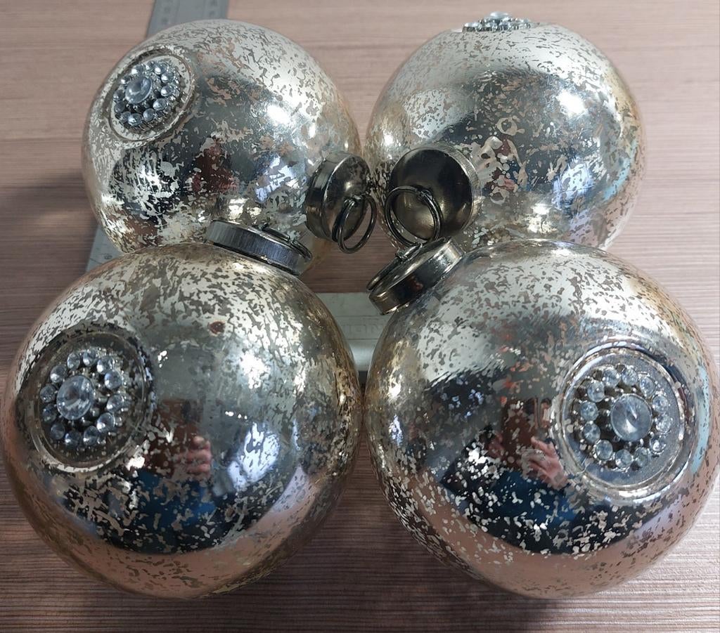 4 craquele glas kerstbal/heksenbal strassteentjes dia 10cm, Diversen, Kerst, Ophalen of Verzenden, Zo goed als nieuw