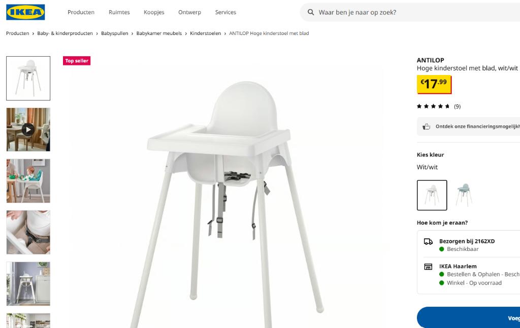 ANTILOP Hoge kinderstoel met blad en Steunkussen en overtrek, Ophalen, Zo goed als nieuw, Inklapstoel, Afneembaar eetblad