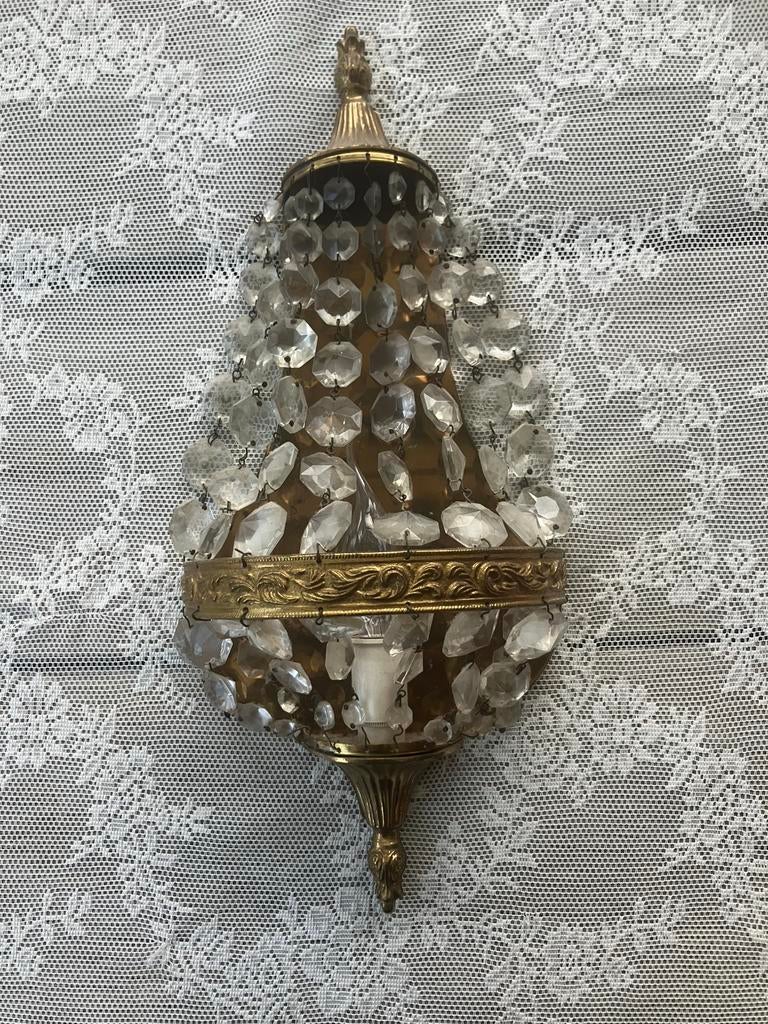 Antieke koperen wandlamp met kristal, Antiek en Kunst, Antiek | Lampen, Ophalen of Verzenden