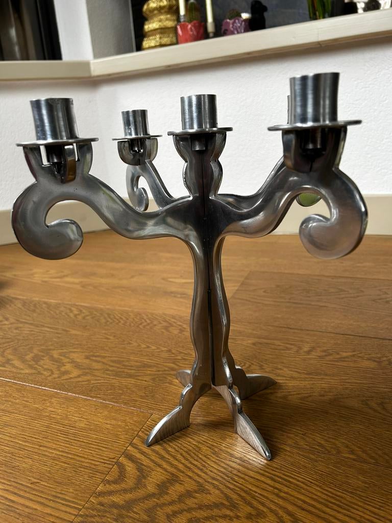 Kandelaar 5 armen voor dinerkaarsen zilverkleurig design, Ophalen of Verzenden