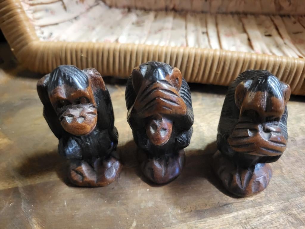 Set van 3 houten aapjes: Horen, Zien & Zwijgen, Antiek en Kunst, Ophalen of Verzenden