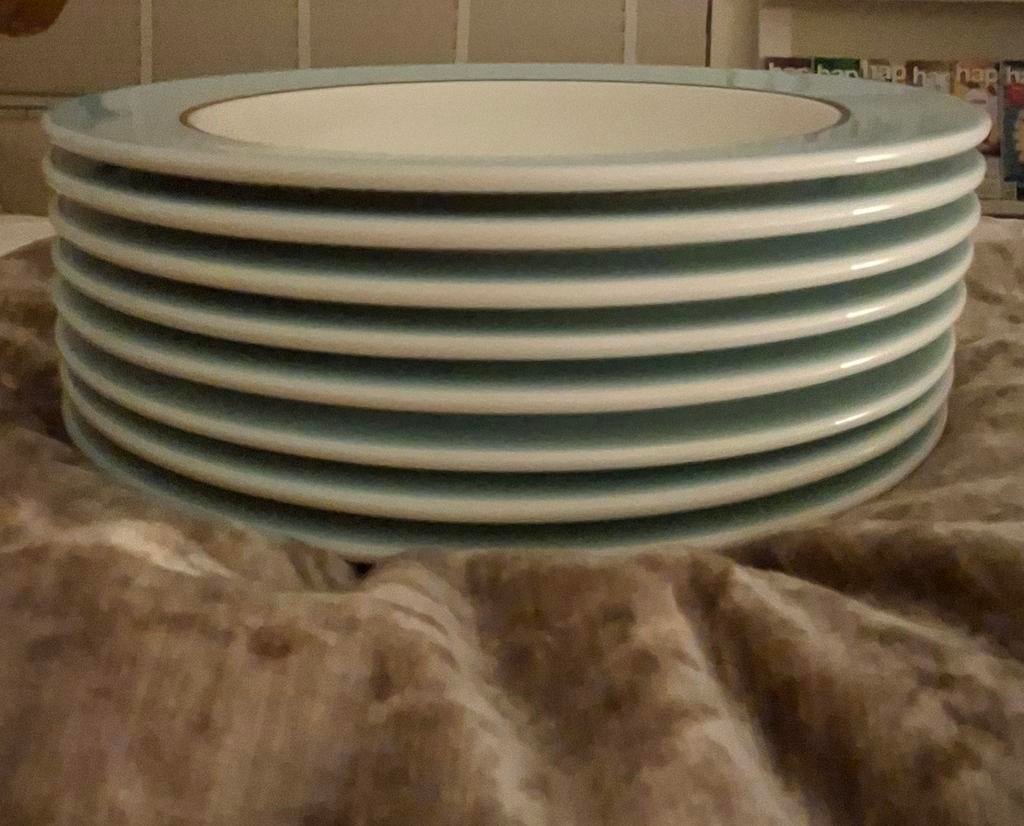 Hema diepe borden wit met ijsblauwe rand, 8 stuks, Ophalen of Verzenden