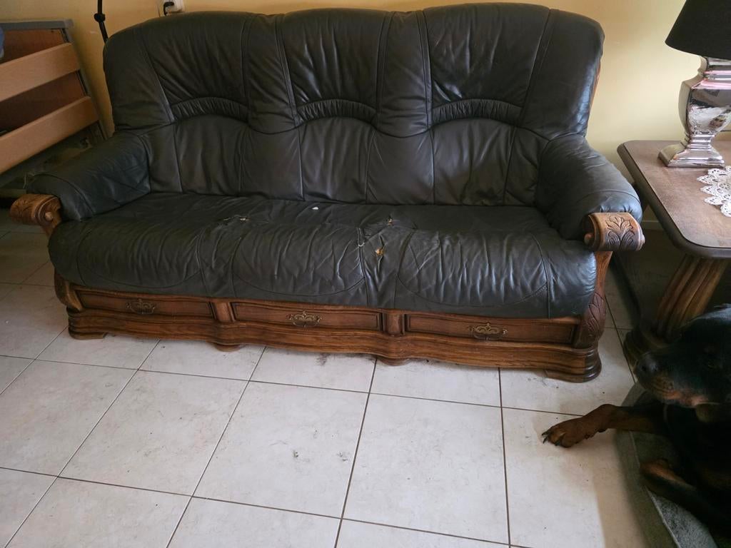 Eiken lederen 3-zits bank met opbergladen, Ophalen of Verzenden