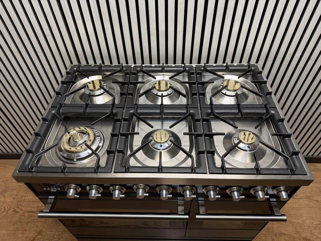 Luxe Boretti Fornuis antraciet 6 pits met dubbele oven 90 cm, Fornello Esperta, Ophalen of Verzenden, Zo goed als nieuw, Energieklasse A of zuiniger