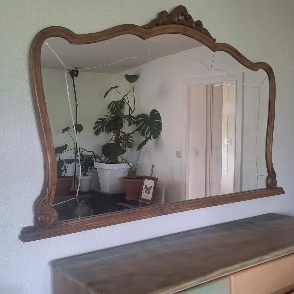 Antieke wandspiegel met bewerkte houten lijst, Ophalen, Vierkant, 150 tot 200 cm, Minder dan 100 cm