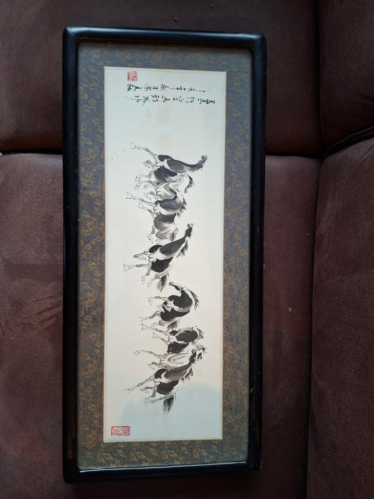 Chinees schilderij inkt op rijstpapier met houten frame, Antiek en Kunst, Kunst | Niet-Westerse kunst, Ophalen