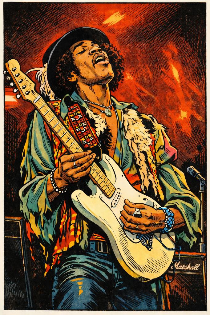 Jimi Hendrix poster met of zonder houten lijst, Ophalen of Verzenden, A1 t/m A3, Film en Tv