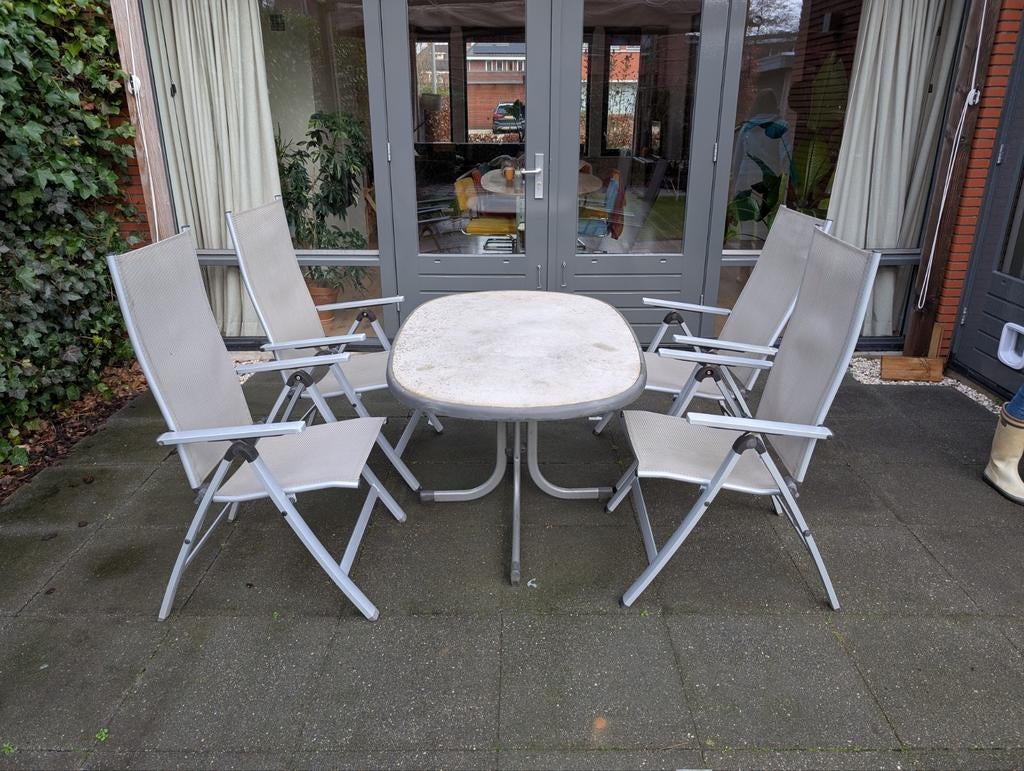 Tuinset, tafel en stoelen, Tuin en Terras, Ophalen, Gebruikt, Aluminium