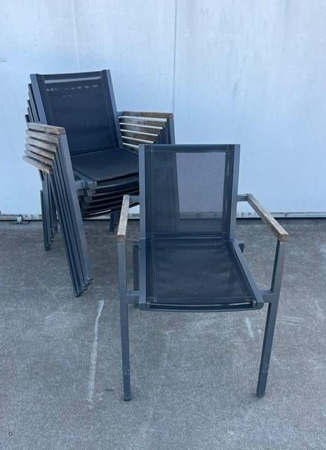 52 Luxe horeca Satelliet terrasstoelen stapelbaar textileen, Ophalen, Hout, Zwart, Zo goed als nieuw