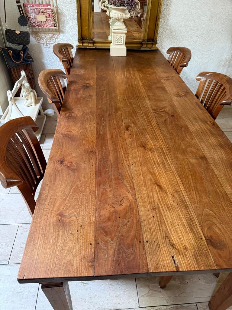 Eettafel met 6 stoelen (teak hout), Huis en Inrichting, Tafels | Eettafels, Ophalen, Gebruikt, Teakhout, 200 cm of meer