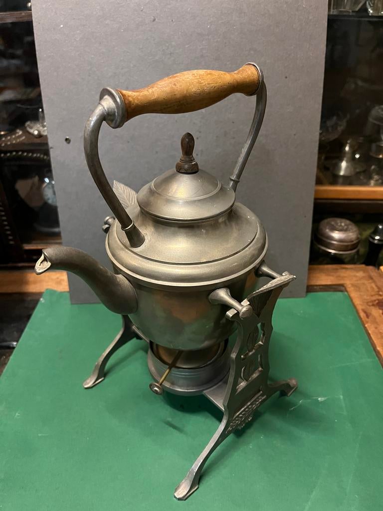 Antieke tinnen theepot met theelicht onderstel, Antiek en Kunst, Antiek | Tin, Ophalen of Verzenden