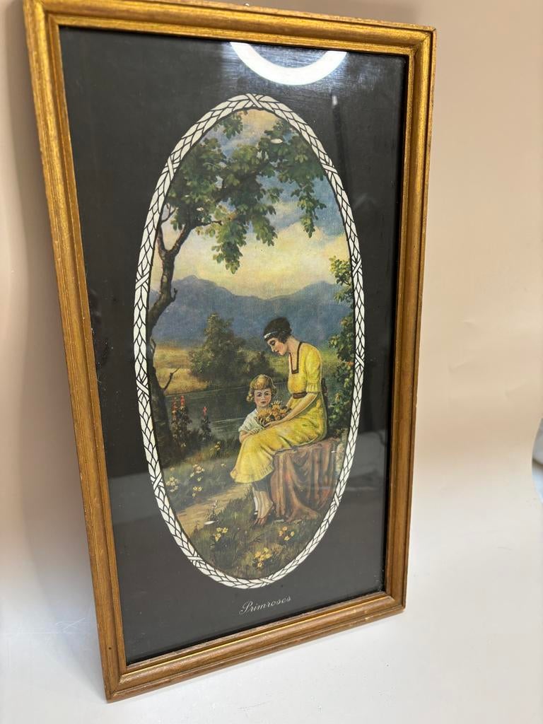 Antieke/vintage ingelijste lithografie "Primroses", Antiek en Kunst, Kunst | Etsen en Gravures, Ophalen of Verzenden, Lithografie