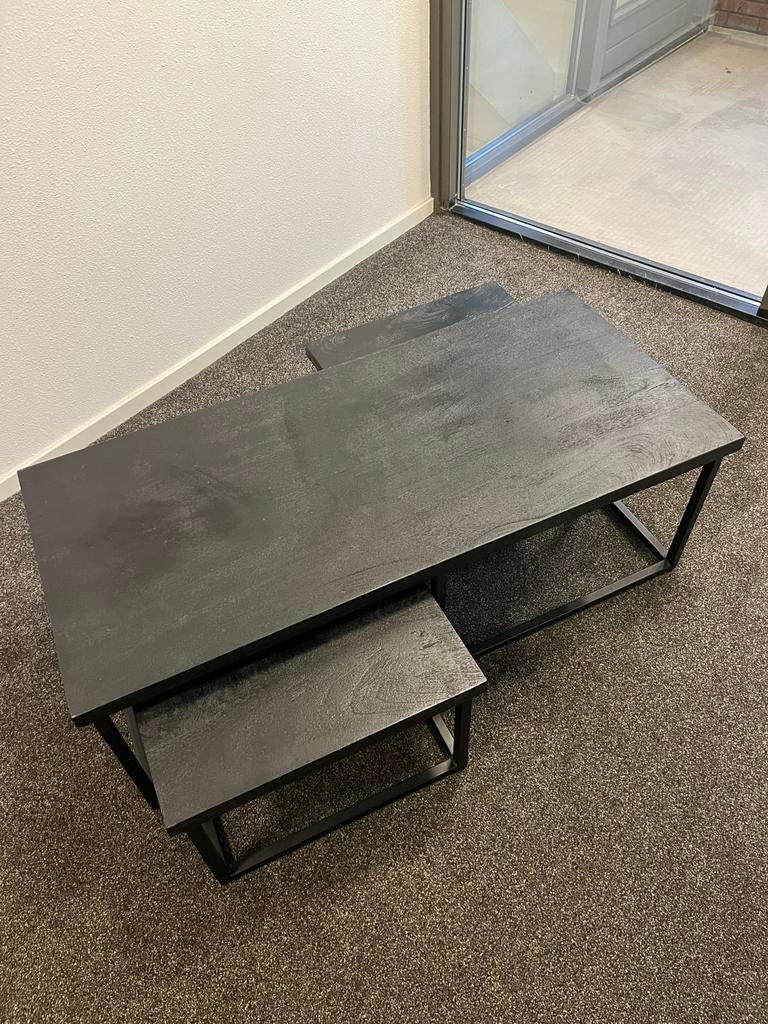 Salontafel met 2 bijzettafels, zwart mangohout, Ophalen, Gebruikt, 100 tot 150 cm, 50 tot 100 cm
