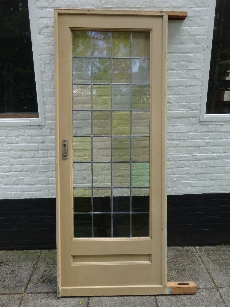 Antieke schuifdeur, glas+Lood paneel, mondgeblazen, 83x211cm, Ophalen, Gebruikt