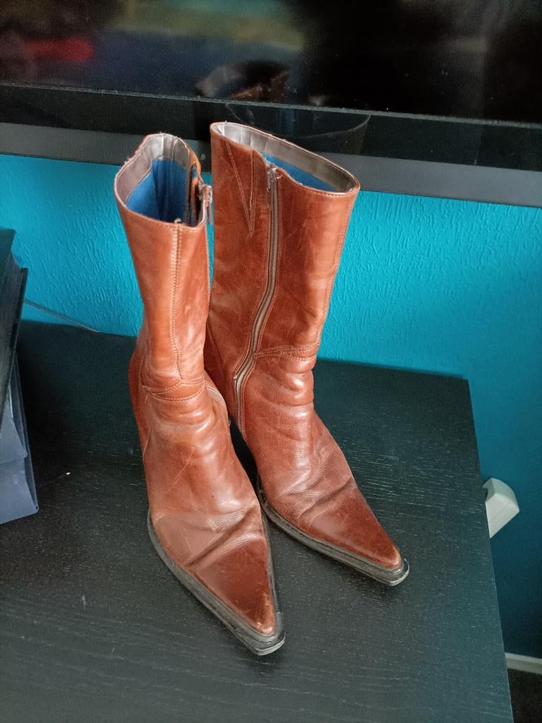 Elegante halfhoge leren laarsjes met puntneus, maat 39, Ophalen of Verzenden, Gedragen, Bruin, Lage of Enkellaarzen