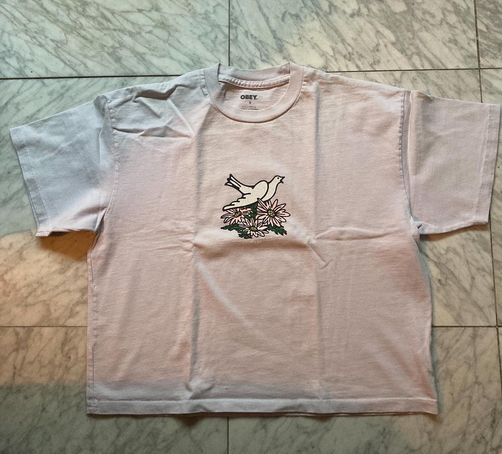 Obey t-shirt lila met print, mt S, Verzenden, Paars, Zo goed als nieuw, Korte mouw