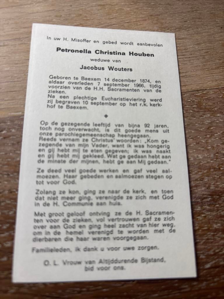 Houben Petronella 1874 Baexem 1966 x Wouters - 28341, Ophalen of Verzenden, Bidprentje