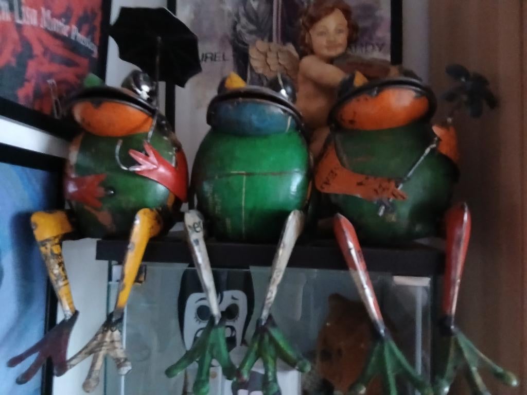 3 blikken kikkers 40 cm groot, Verzamelen, Beelden en Beeldjes, Ophalen, Zo goed als nieuw, Dier