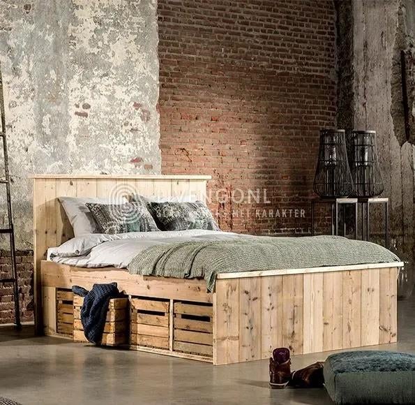 Steigerhouten Bed 180x200 met Fruitkistjes merk LIVENGO, Ophalen, Overige kleuren, Steigerhout, Tweepersoons