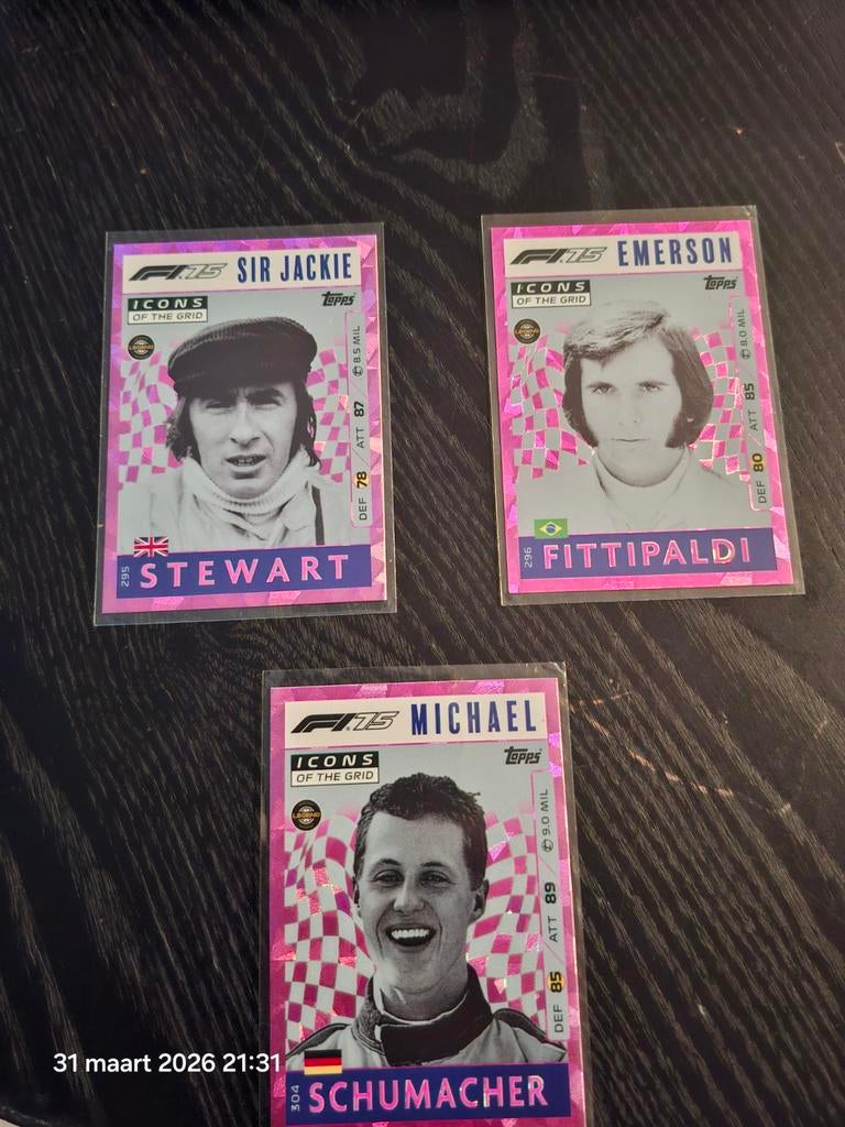 F15 Icons of the Grid kaarten: Stewart, Fittipaldi, Schum, Ophalen of Verzenden