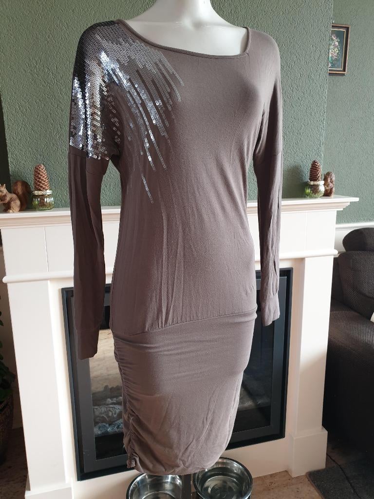 Yaya pailletten taupe groene jurk mt S 36, Verzenden, Knielengte, Yaya, Maat 36 (S)