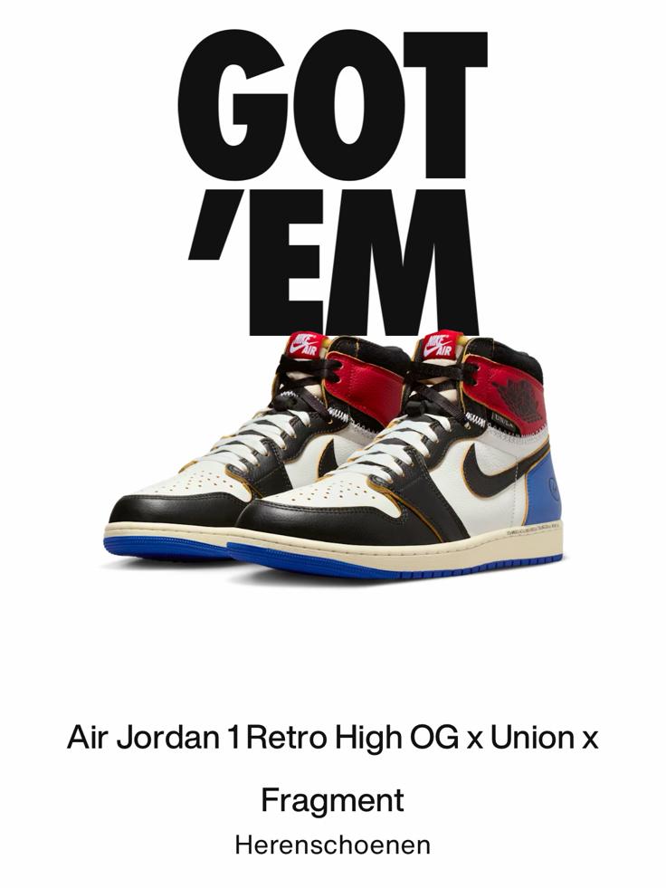 Air Jordan 1 Retro High OG Fragment x Union US 8, Tickets en Kaartjes, Eén persoon, Cadeaubon