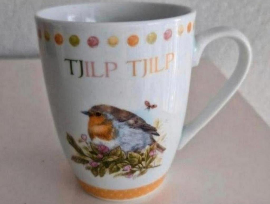 Beker Theo met Roodborstje, Ophalen of Verzenden, Zo goed als nieuw, Overige stijlen, Kop(pen) en/of Schotel(s)