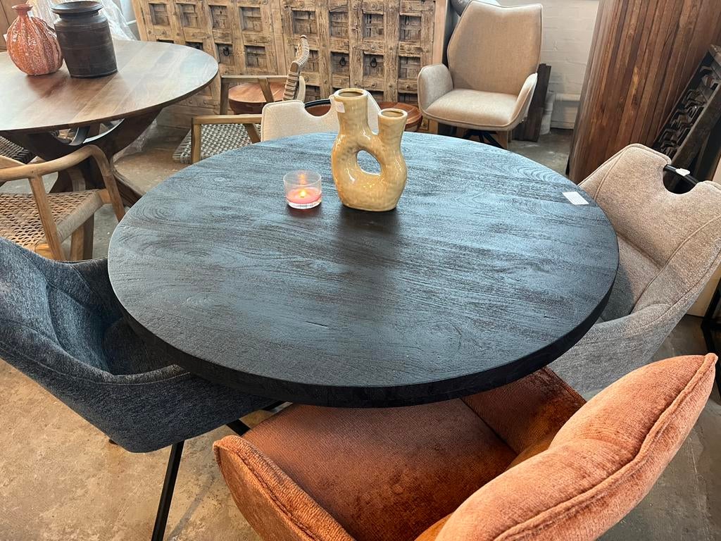 Magazijn leegverkoop nieuwe ronde eettafel zwart mangohout, Overige houtsoorten, Rond, Nieuw, Ophalen of Verzenden