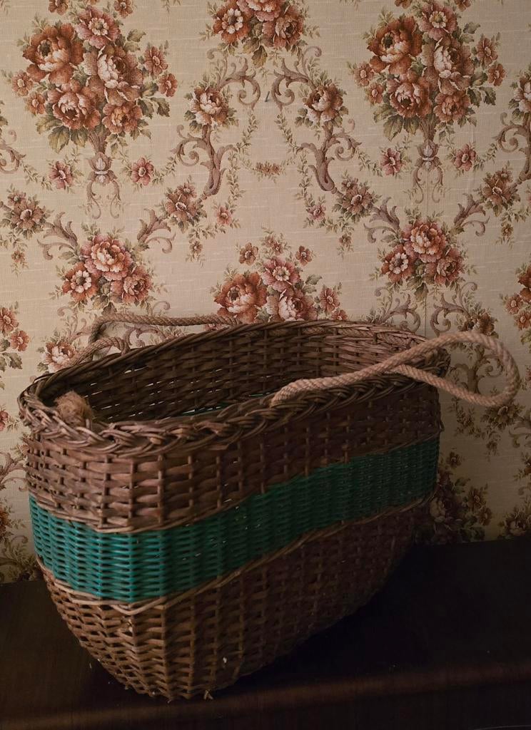 Oude Franse boodschappen mand riet rotan met groene bies, Ophalen of Verzenden