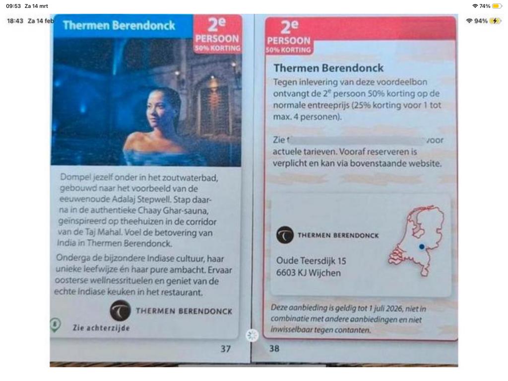 Kortingsbon voor sauna Thermen Berendonck Wijchen (KWF), Twee personen, Kortingsbon, Spa of Sauna