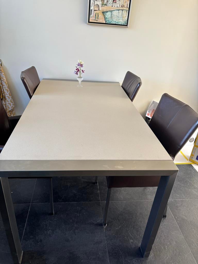 Roestvrijstalen tafel met composiet blad en leren stoelen, Ophalen, 50 tot 100 cm, Zo goed als nieuw, Vier personen